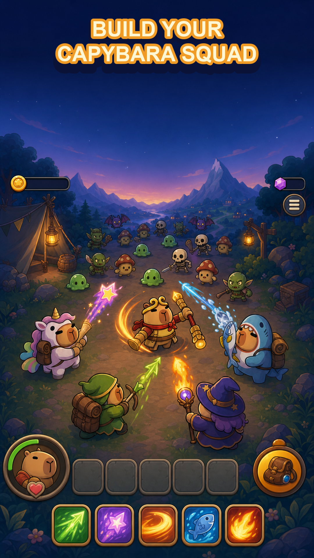 Capybara squad fighting enemies at camp