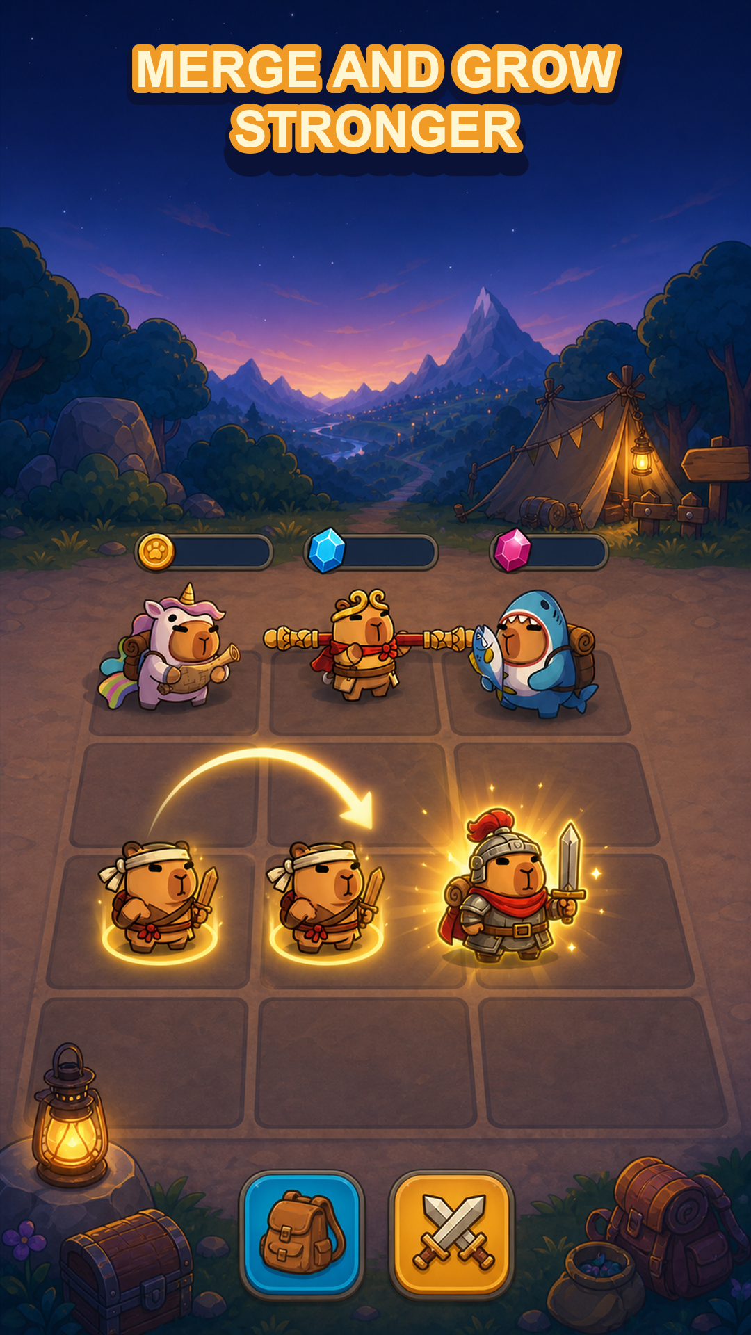 Two capybara heroes being merged on a tactical grid