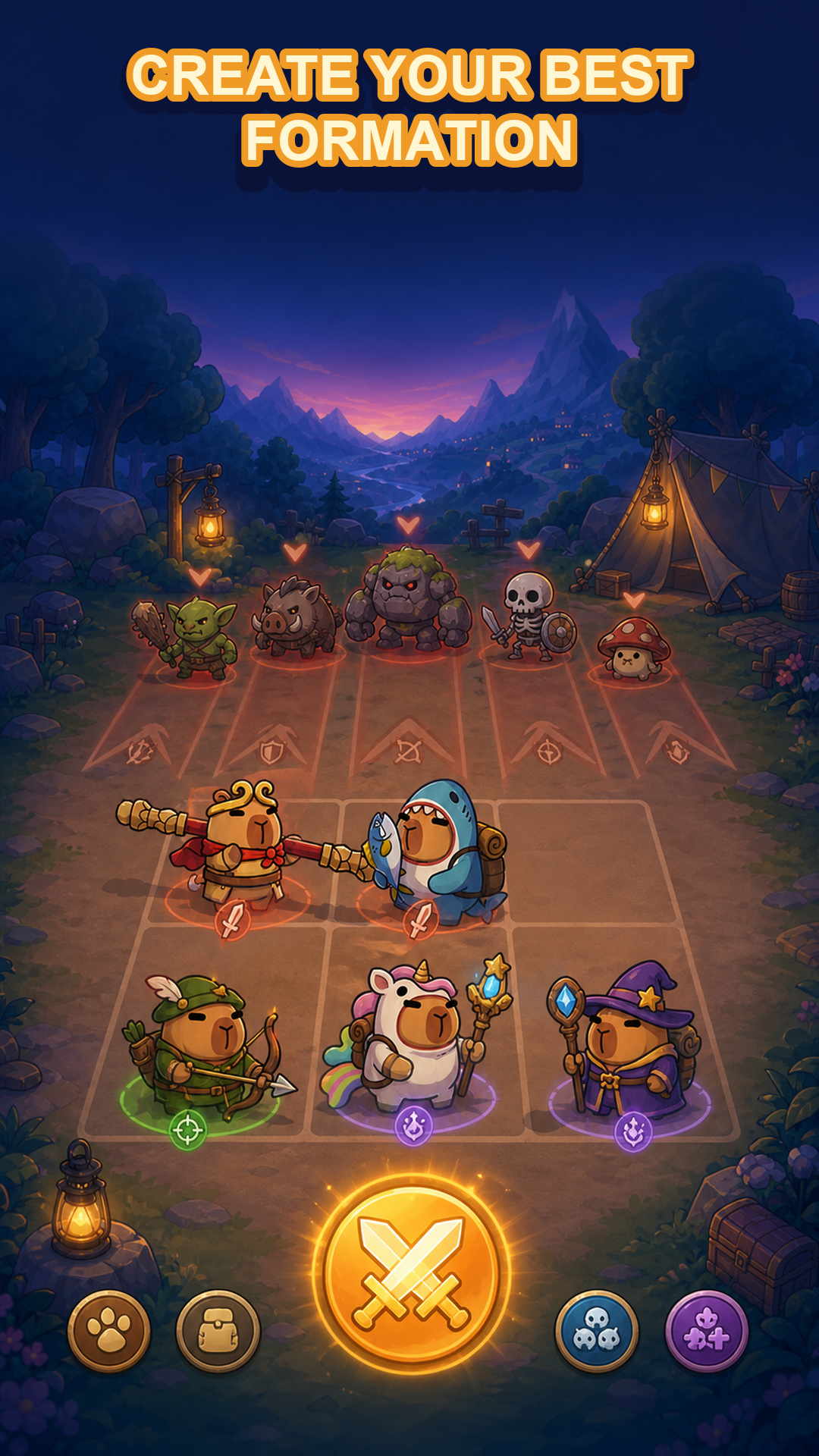 Capybara team arranged in a battle formation