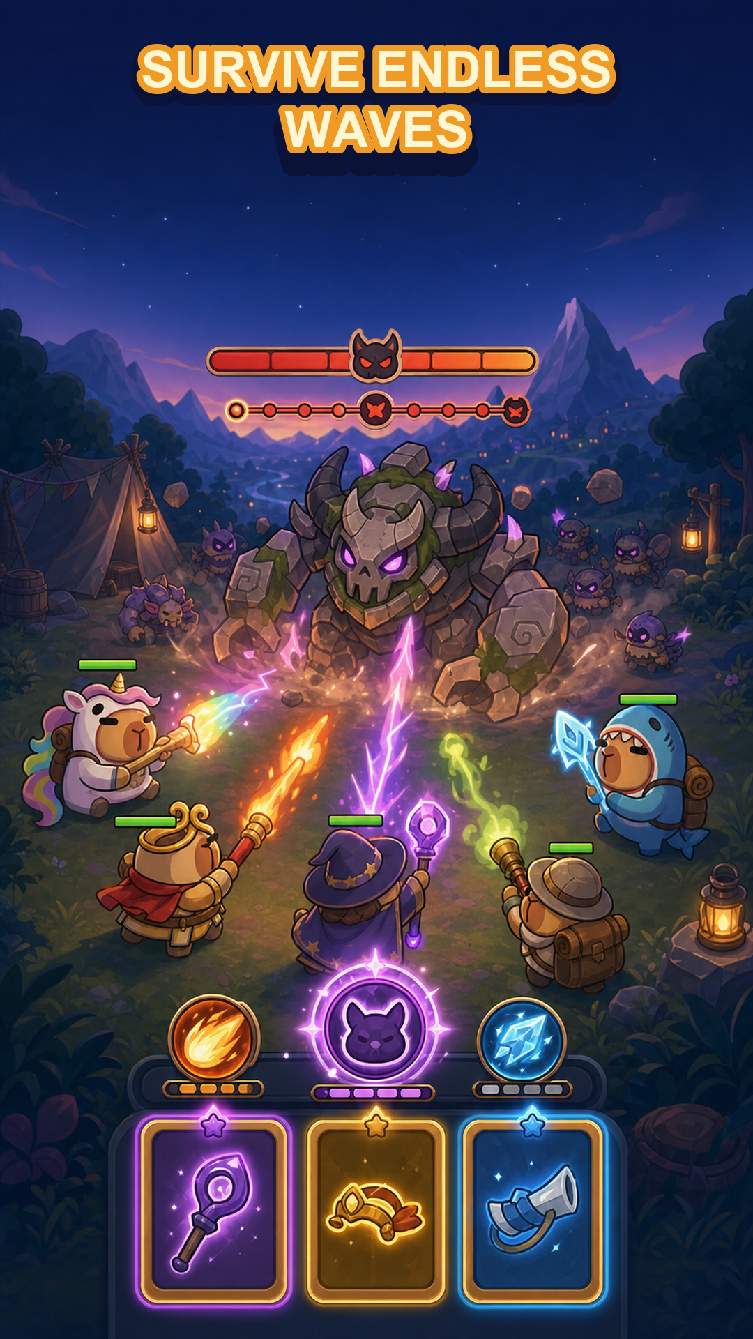 Capybara heroes confronting a giant boss